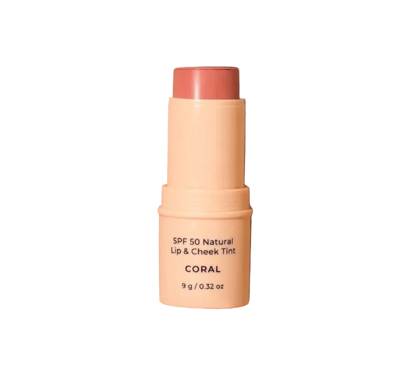 SPF 50 Natural Lip & Cheek Tint stick in Coral on a beige background